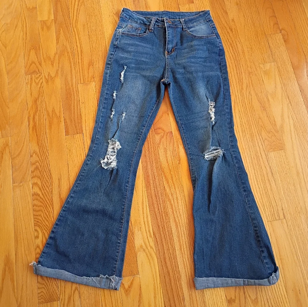 SHEIN SXY High Waist Ripped Raw Hem Flare Leg Jeans Size 21/Medium